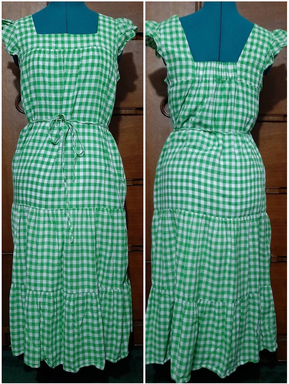 Draper James Green and White Gingham Tie-Waist Maxi Dress
